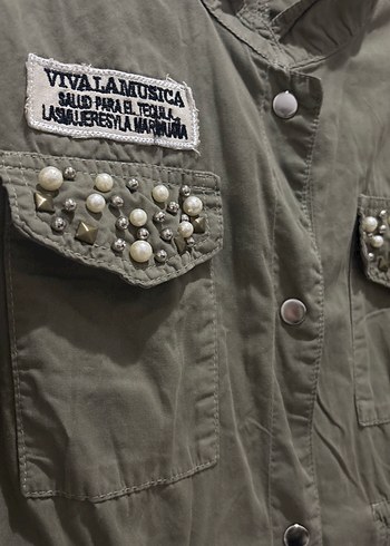 Nakışlı Düğmeli Kadın Haki Ceket - Görsel 2