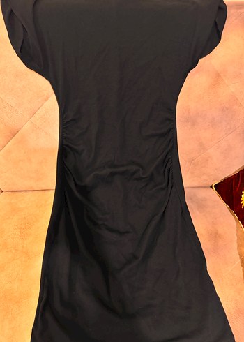 Drapeli Siyah V Yakalı elbise midi boy - Görsel 2