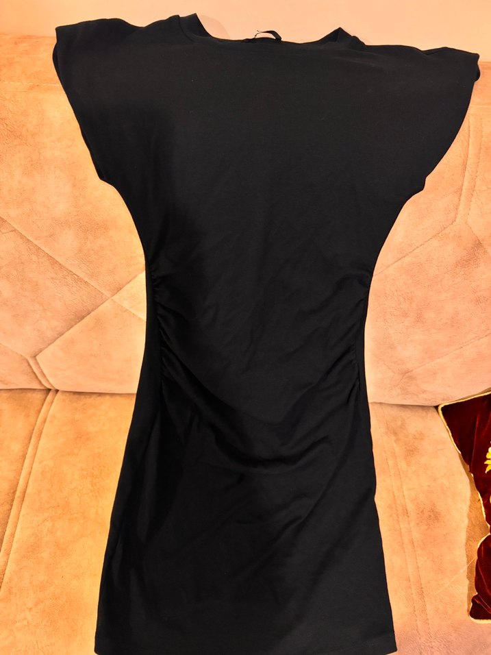 Drapeli Siyah V Yakalı elbise midi boy - Görsel 5