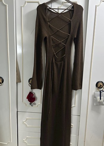 Kahverengi Triko Uzun Kadın Elbise - Görsel 4