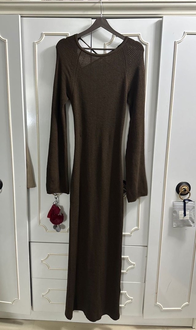 Kahverengi Triko Uzun Kadın Elbise - Görsel 3