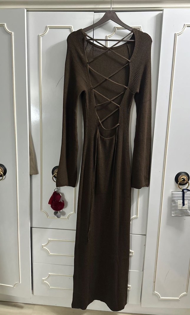 Kahverengi Triko Uzun Kadın Elbise - Görsel 4