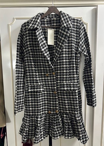 Düğmeli Siyah Ekose Mini Elbise - Görsel 2