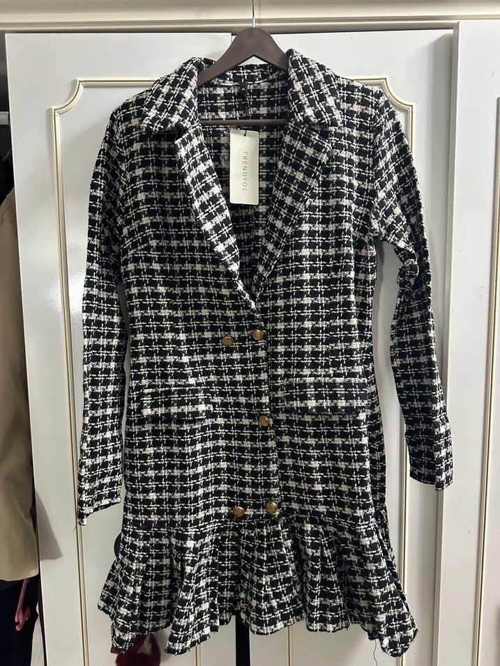 Düğmeli Siyah Ekose Mini Elbise - Görsel 2