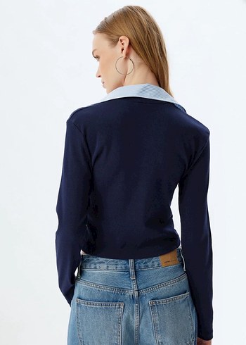 V Yaka Uzun Kollu Lacivert Denim Bluz - Görsel 2