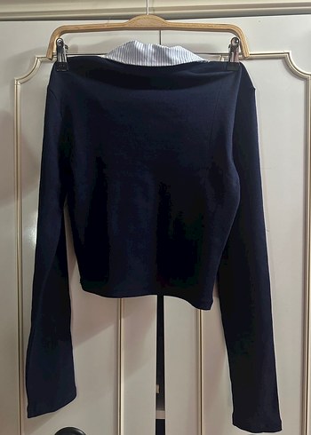 V Yaka Uzun Kollu Lacivert Denim Bluz - Görsel 4