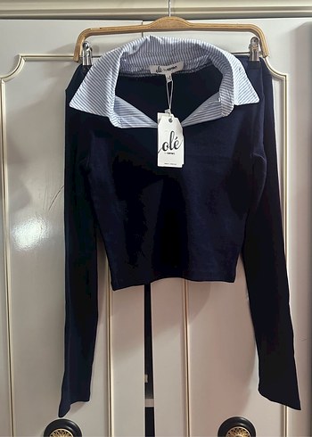 V Yaka Uzun Kollu Lacivert Denim Bluz - Görsel 3