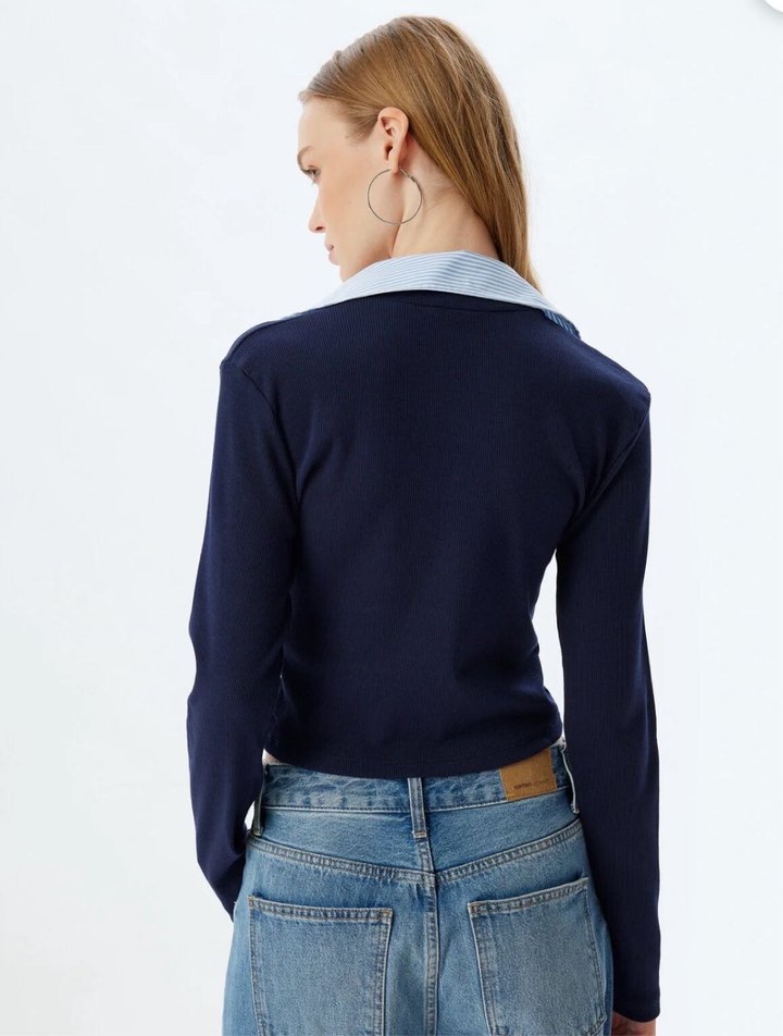 V Yaka Uzun Kollu Lacivert Denim Bluz - Görsel 2