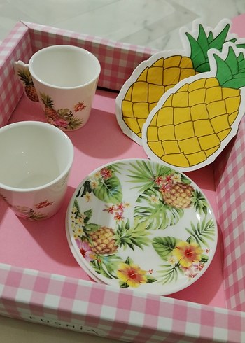 Tropikal desenli Kahve Fincanı Seti 2 adet ananas sunum peçetesi - Görsel 2