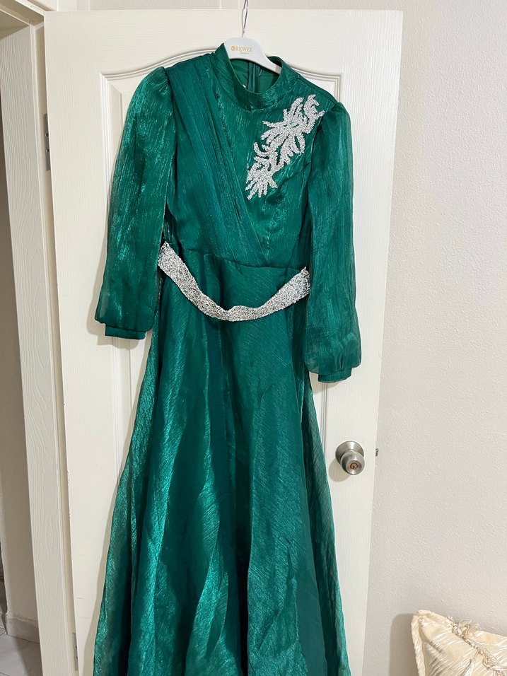 Yeşil Vintage Uzun Kollu Drapeli Elbise - Görsel 2