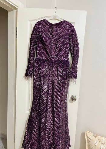 Mor Uzun Kollu Drapeli Abiye Elbise - Görsel 2