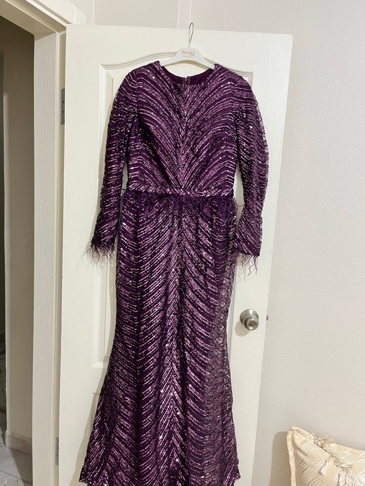 Mor Uzun Kollu Drapeli Abiye Elbise - Görsel 2