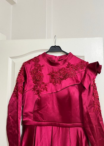 Bordo Nakışlı Uzun Abiye Elbise - Görsel 2