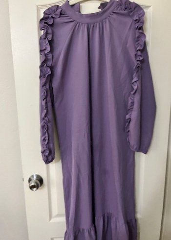 Mor Uzun Kollu Fırfırlı Elbise - Görsel 3