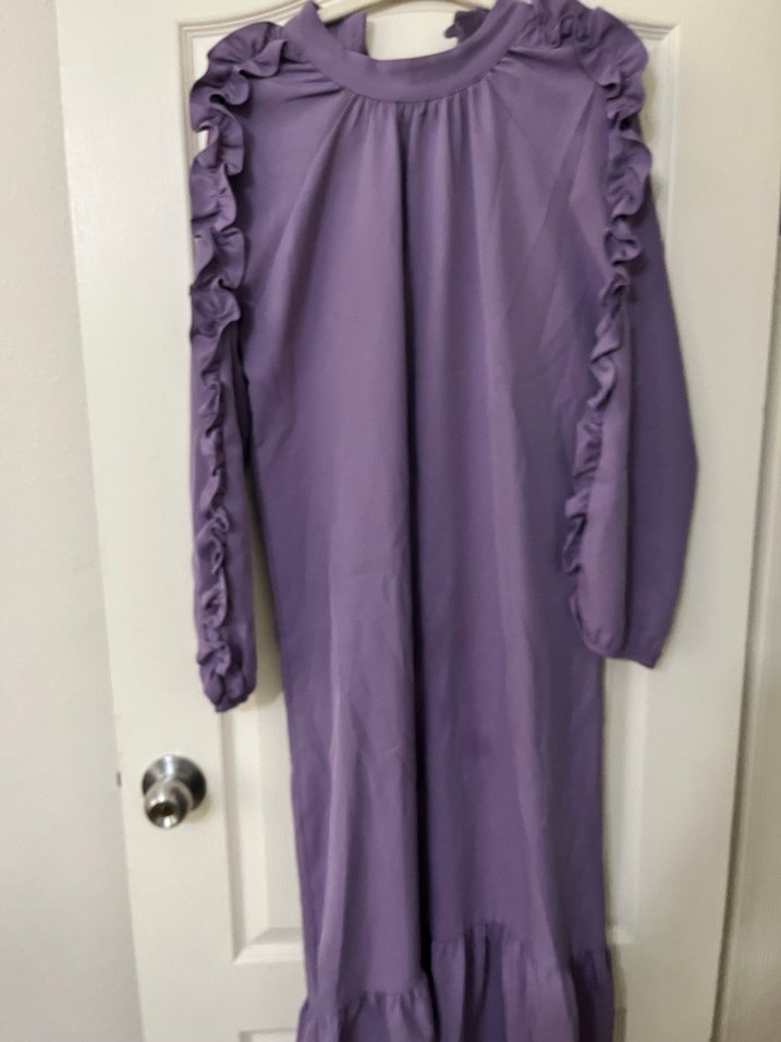 Mor Uzun Kollu Fırfırlı Elbise - Görsel 3