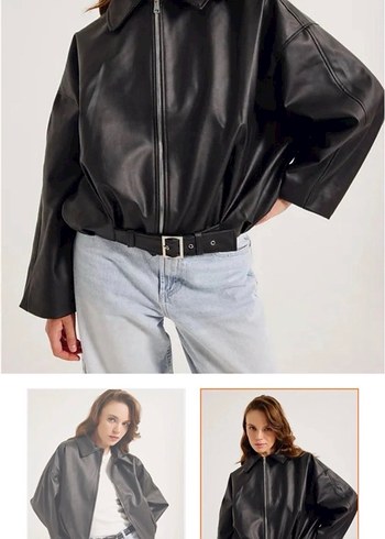 Kadın Siyah Deri Kemerli Ceket - Görsel 2