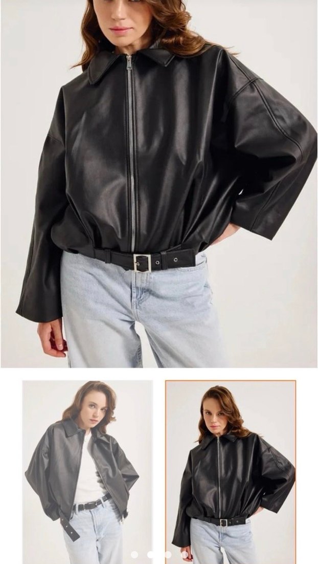 Kadın Siyah Deri Kemerli Ceket - Görsel 2