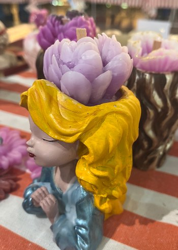 Kadın Figürlü saksı içinde pembe çiçek mum - Görsel 8