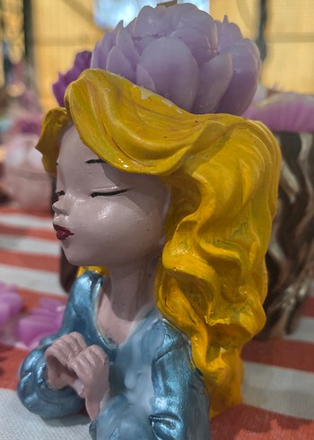 Kadın Figürlü saksı içinde pembe çiçek mum - Görsel 11