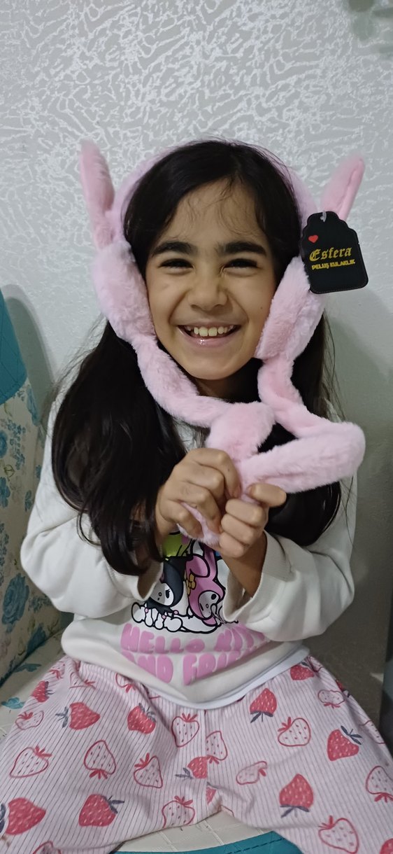 Pembe Peluş Oyuncak Kulaklık Şal - Görsel 4