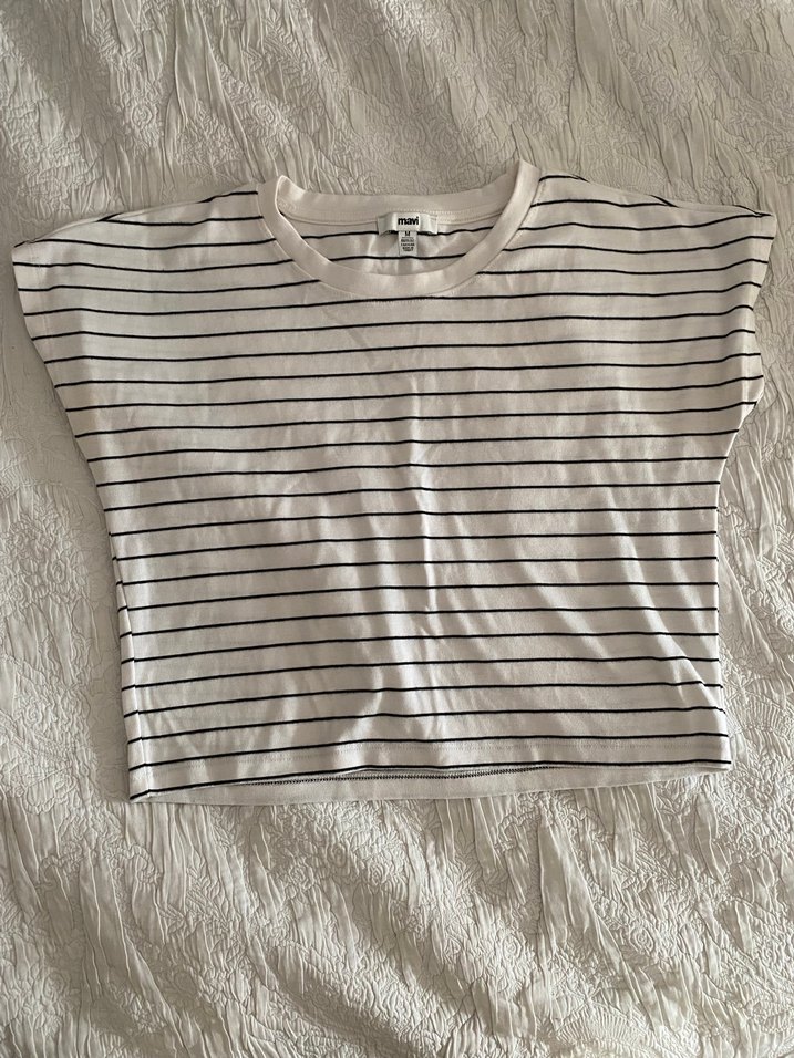 Kadın Beyaz Gri Çizgili Pamuklu Bluz - Görsel 4