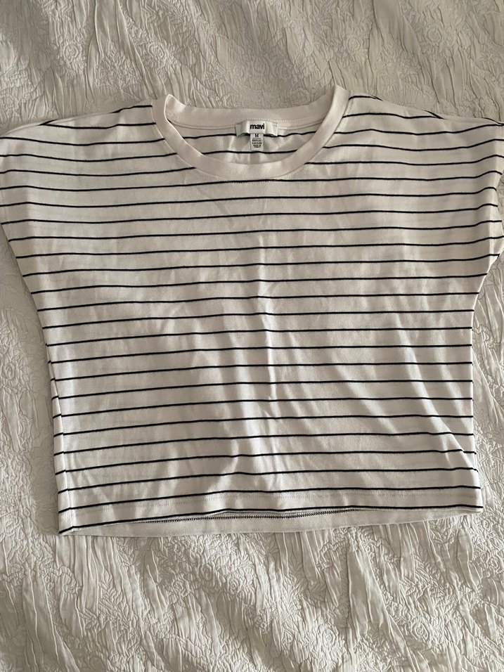 Kadın Beyaz Gri Çizgili Pamuklu Bluz - Görsel 3