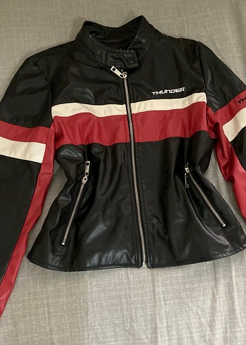 Kadın Kırmızı Siyah Deri Biker Ceket - Görsel 3