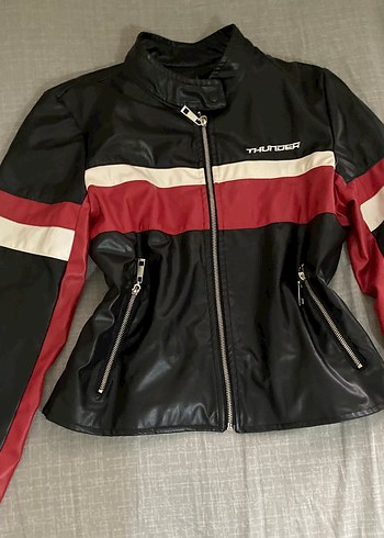 Kadın Kırmızı Siyah Deri Biker Ceket - Görsel 2