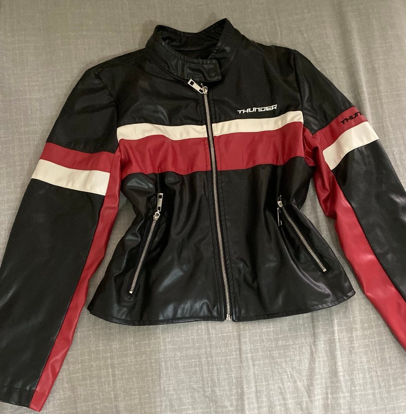 Kadın Kırmızı Siyah Deri Biker Ceket - Görsel 3