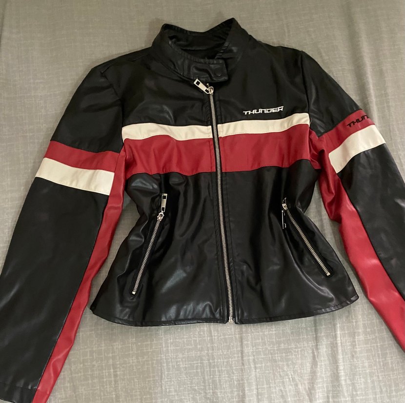 Kadın Kırmızı Siyah Deri Biker Ceket - Görsel 2