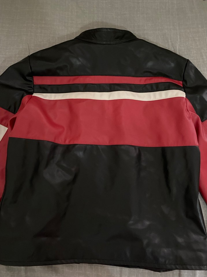 Kadın Kırmızı Siyah Deri Biker Ceket - Görsel 4