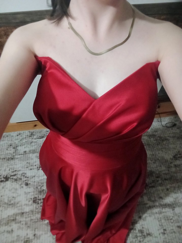 Kırmızı Uzun Drapeli straplez Yaka Abiye Elbise - Görsel 3