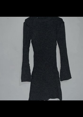 Gri Uzun Kollu Yüksek Yakalı Triko Elbise - Görsel 2