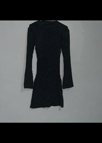 Gri Uzun Kollu Yüksek Yakalı Triko Elbise - Görsel 3