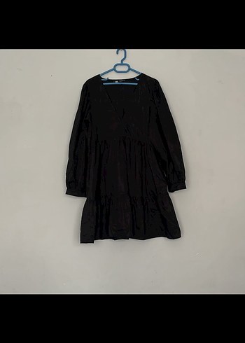 Siyah V Yakalı Midi Keten Elbise - Görsel 2