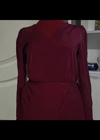 Bordo V Yakalı Drapeli Midi Kadın Elbise - Görsel 2