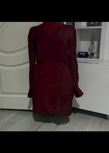 Bordo V Yakalı Drapeli Midi Kadın Elbise - Görsel 3