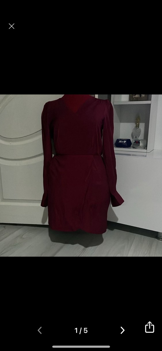 Bordo V Yakalı Drapeli Midi Kadın Elbise - Görsel 3