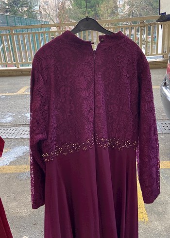 Bordo Dantel Detaylı Uzun Abiye Elbise - Görsel 2