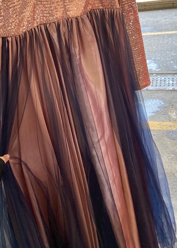 Uzun Kollu Kahverengi Bohem Abiye Elbise - Görsel 3