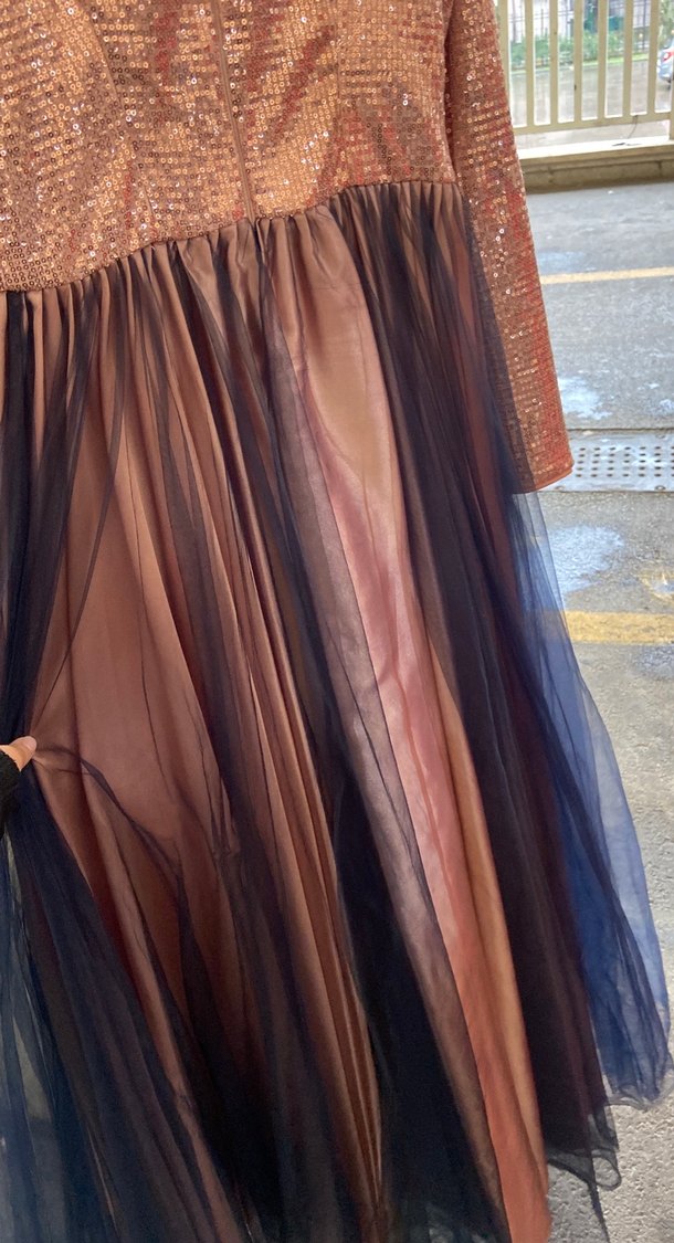 Uzun Kollu Kahverengi Bohem Abiye Elbise - Görsel 3