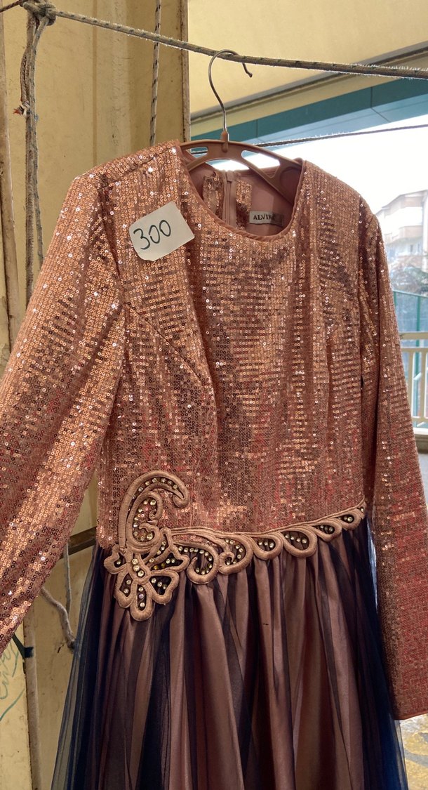 Uzun Kollu Kahverengi Bohem Abiye Elbise - Görsel 2