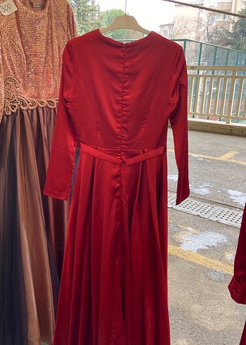 Bordo Uzun Kollu Drapeli Kadın Abiye Elbise - Görsel 2