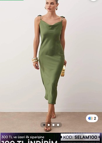 Saten Görünümlü Haki V Yaka Uzun Elbise - Görsel 2