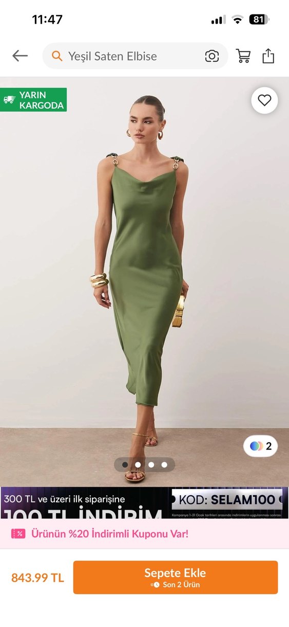 Saten Görünümlü Haki V Yaka Uzun Elbise - Görsel 2