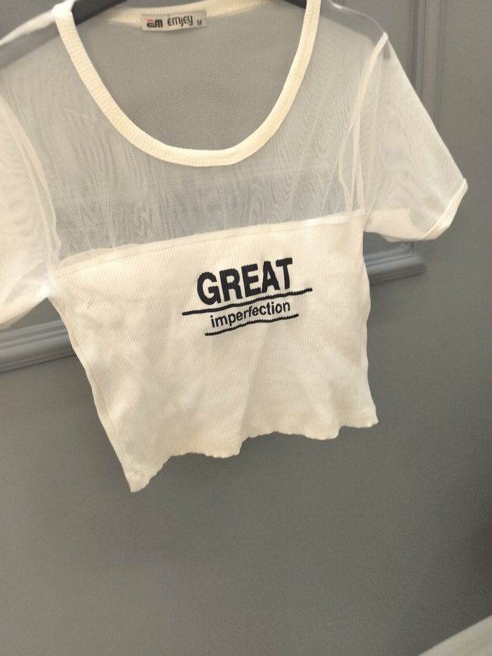 Şeffaf Üstü Baskılı Beyaz Kadın Tişört - Görsel 2