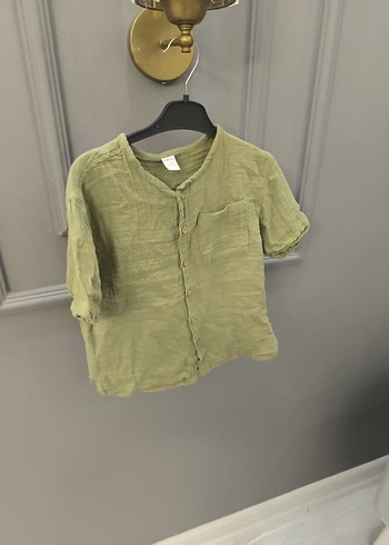 Erkek Çocuk Keten Kısa Kollu Haki Gömlek - Görsel 4