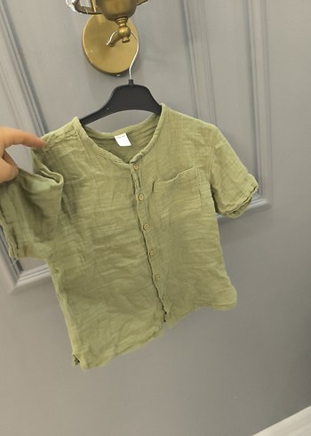 Erkek Çocuk Keten Kısa Kollu Haki Gömlek - Görsel 3