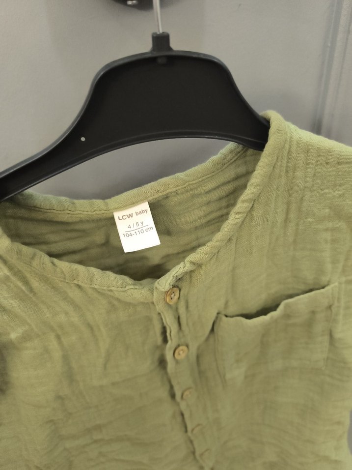 Erkek Çocuk Keten Kısa Kollu Haki Gömlek - Görsel 5