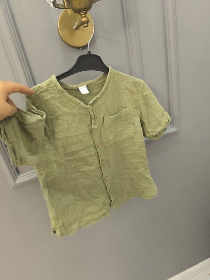 Erkek Çocuk Keten Kısa Kollu Haki Gömlek - Görsel 3